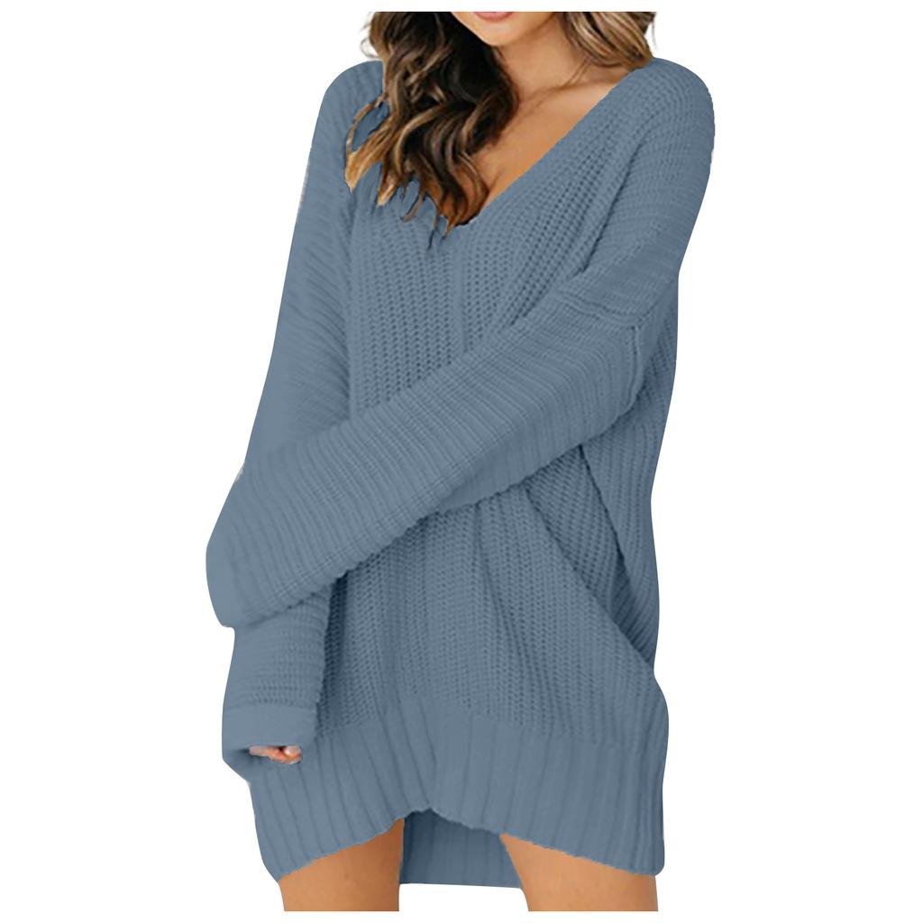 Women Fashion Casual Color Color Loose V-neck Stitching Long-sleeved Knitted Dress