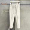 Men Suit Pants Drawstring Elastic Waist Straight Leg Solid Color Loose Formal Business Style Office Wear Trousers Ninth Pants