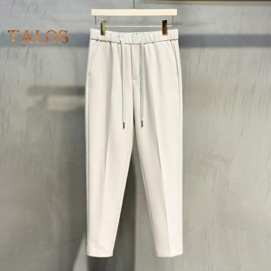 Men Suit Pants Drawstring Elastic Waist Straight Leg Solid Color Loose Formal Business Style Office Wear Trousers Ninth Pants