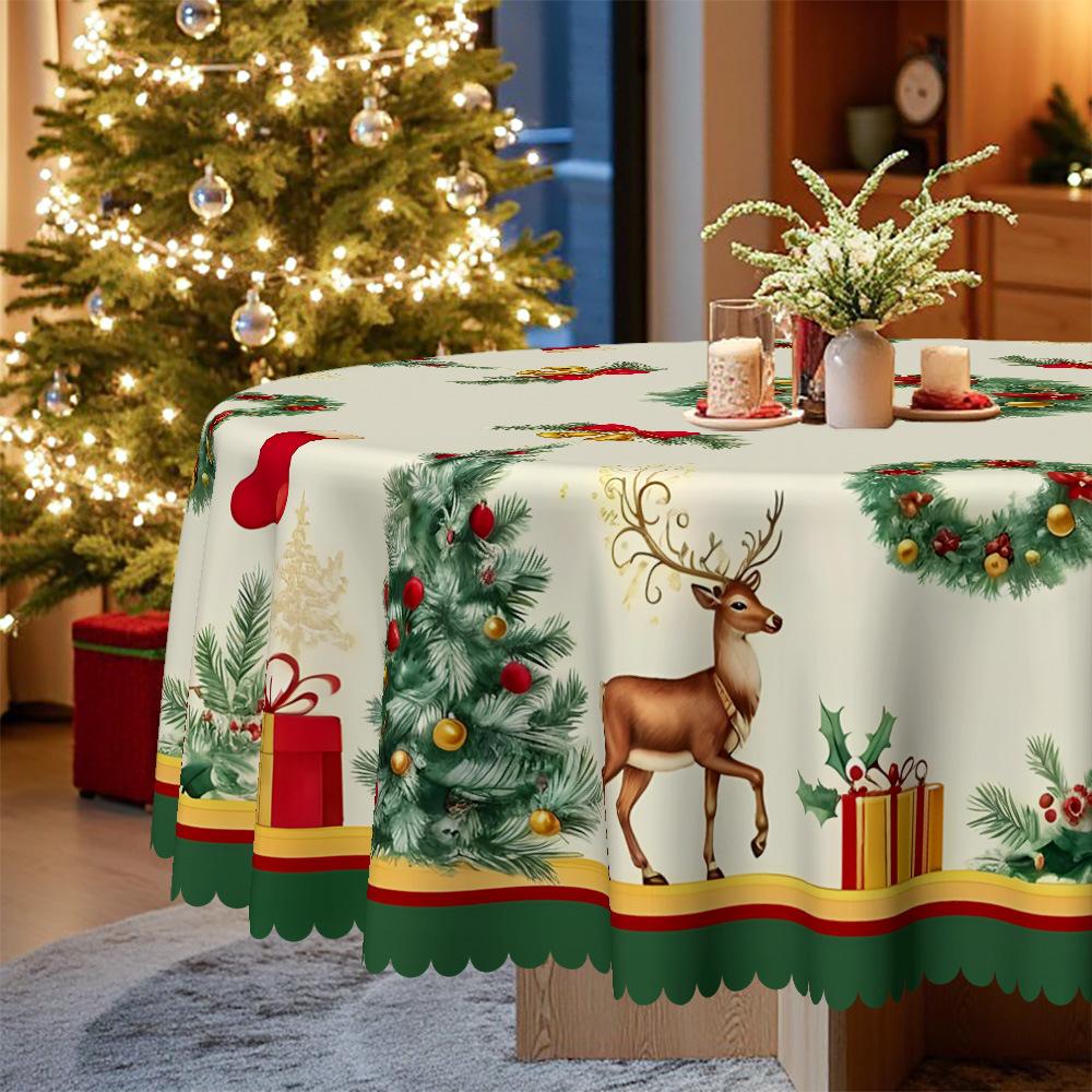 Christmas Tablecloth Bell Flower Print Waterproof Tablecloth Party Coffee Table Tablecloth, Holiday Decorative Tablecloth