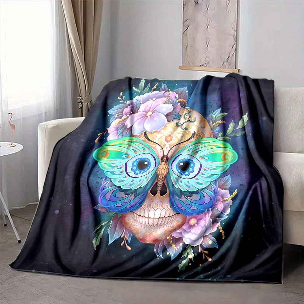 1pc Skull Butterfly Lightweight Flannel Blanket, Comfortable and Warm Blanket, for Office and Camping Sofa Bed, Livingroom091