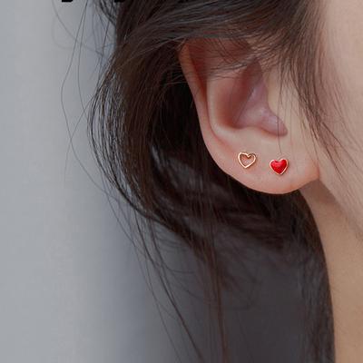 Temperament Women Red Love Asymmetric Drip Glaze Earrings Small Stud for Girfriend Fashion Jewelry Wedding Party Gift
