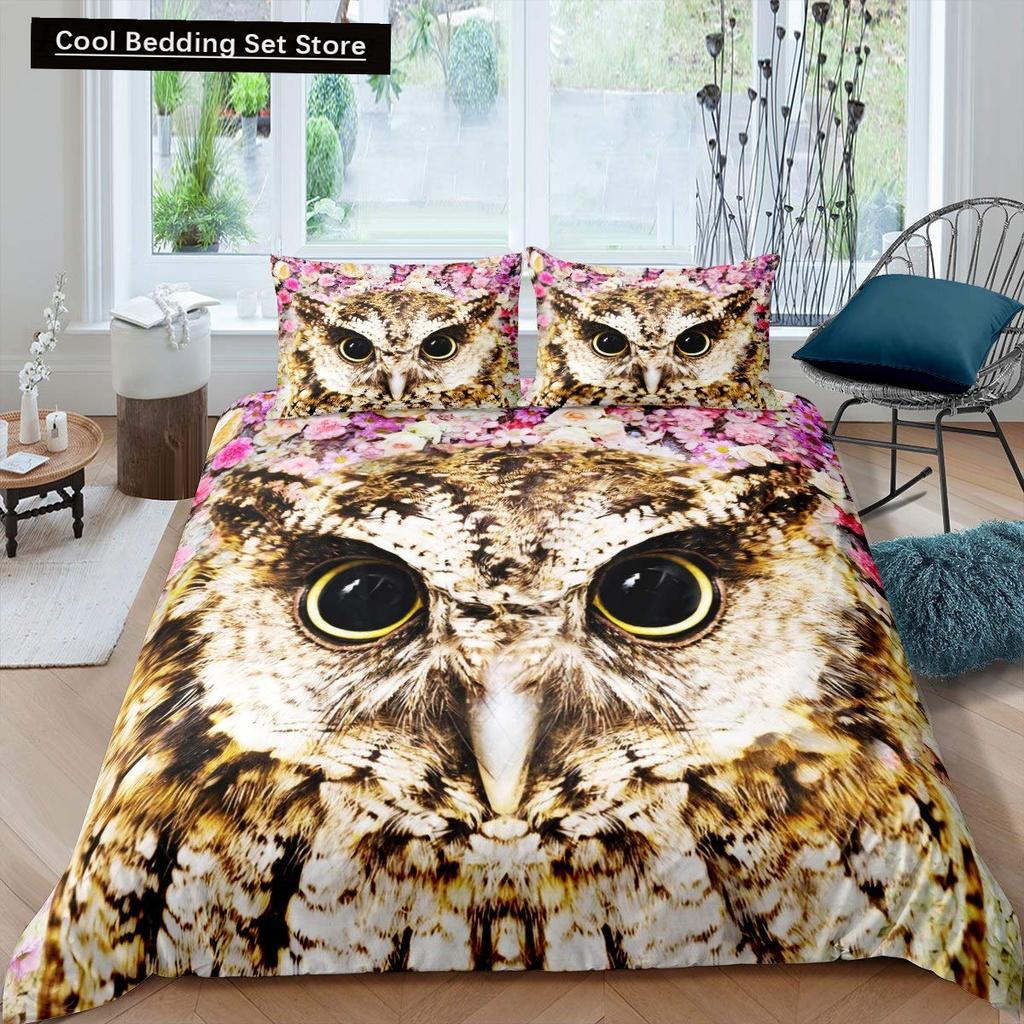 Black Owl King Queen Duvet Cover Moon Safari Bird Animal Bedding Set Lovely Wildlife Quilt Cover Grey Polyester Comforter Cover
