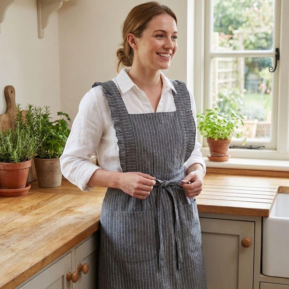 Summer Thin Style Kitch Sleeveless Apron Cotton Oil-proof Princess Dress Apron with Straps Large Pocket Catering Work Clothes
