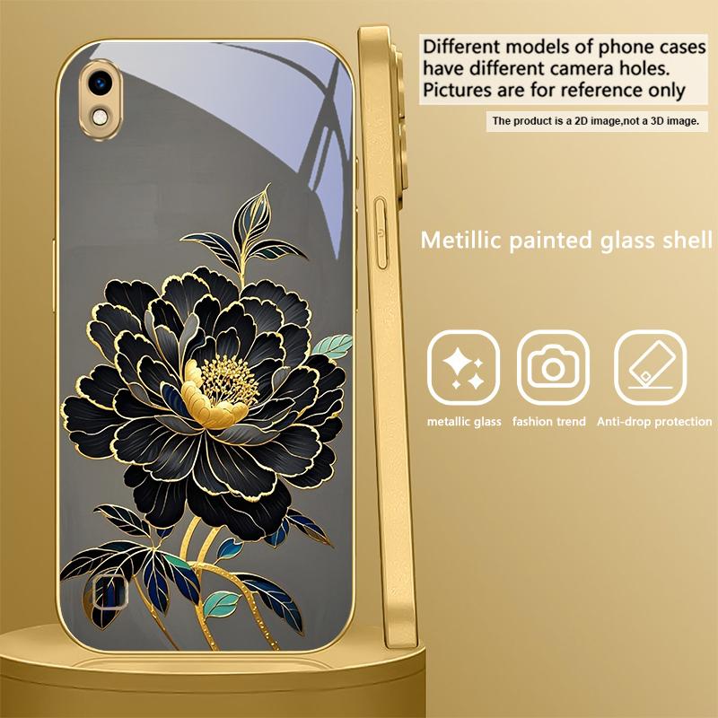 Black Gold Peony Flower For Samsung A 01 52S A04 A05S A10 A12 13 22 23 24 36 42 M02 Note 10 20Ultra 8 9 Golden glass phone case