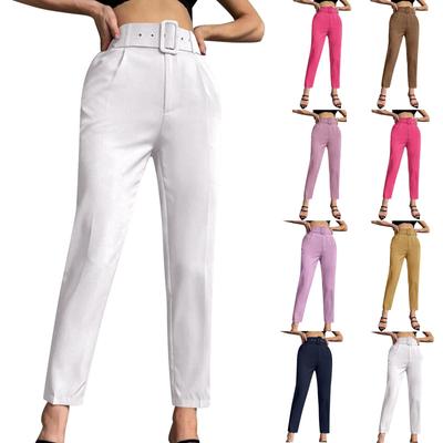 Women's Solid Color Casual Pants Micro-elastic Slim-fit Belt Embellished Straight-leg Suit Nine-point Pants