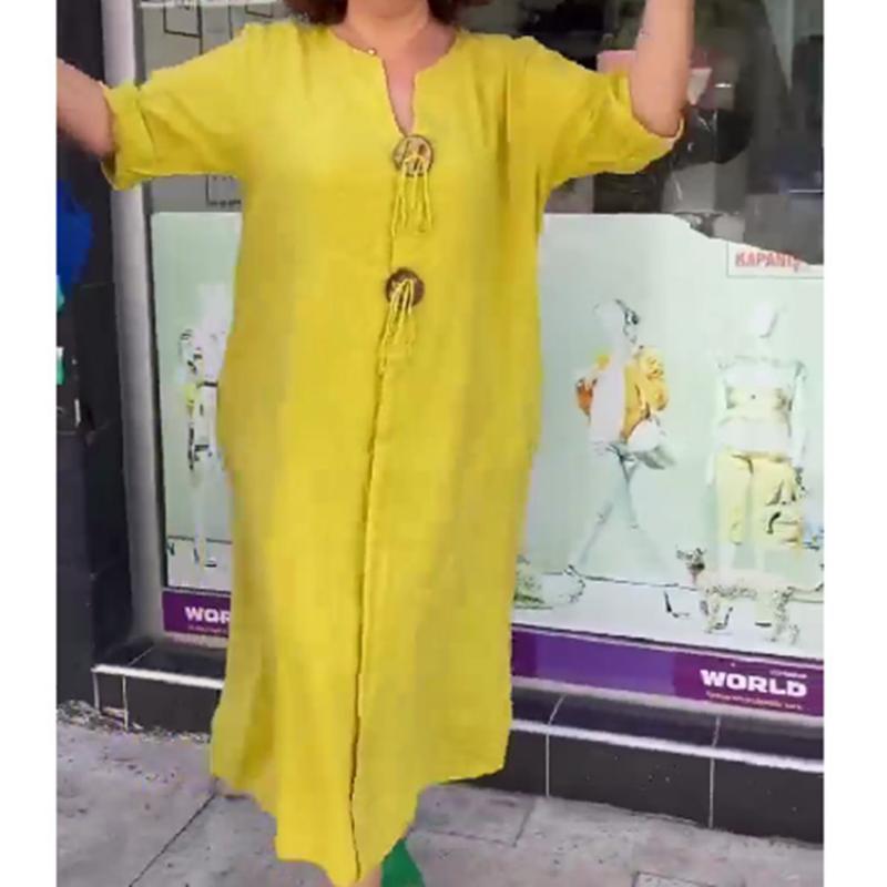 Women's Summer Cotton Linen Maxi Dress V Neck Long Sleeve Loose Fit Solid Color Casual Daily Vacation Dress