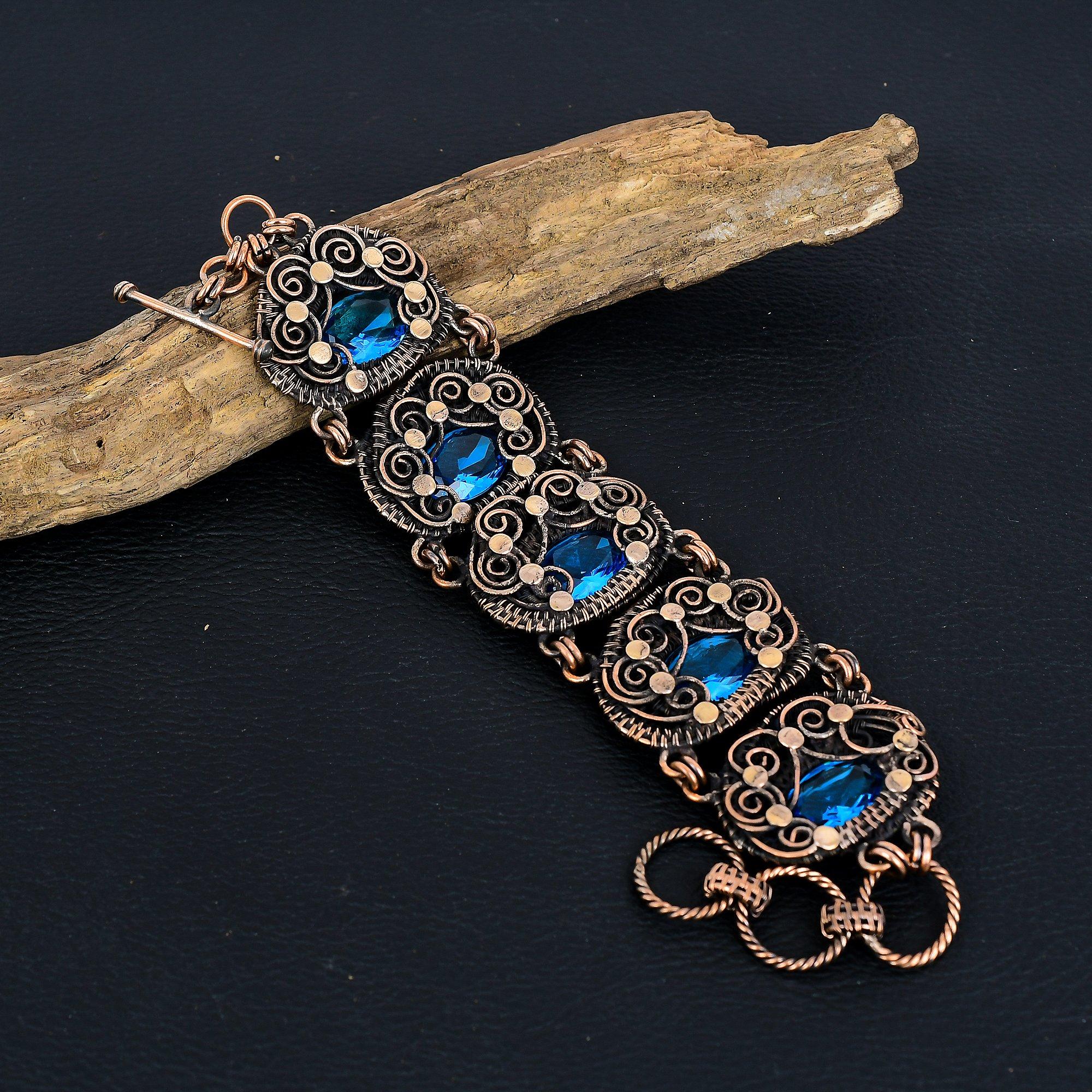 

Браслет из голубого топаза, ювелирное изделие из драгоценных камней, браслет ручной работы, обернутый медной проволокой 999 пробы, ювелирное изделие новейшего дизайна