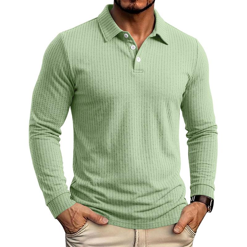 Mens Long Sleeve Waffle Knit Polo Shirt Casual Slim Fit Top S зелёный