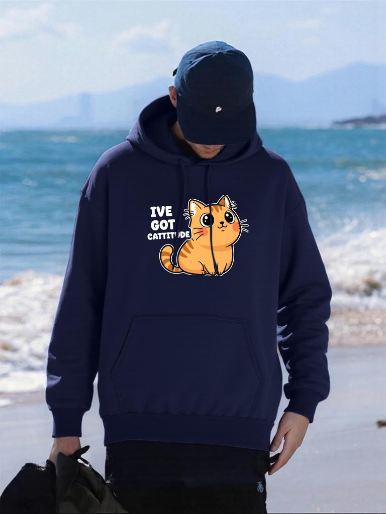 I Have Got Cattitude Cat Printing Mens Hoodies Comfortable Pocket Hoodie Fleece Autumn Clothing Casual All-Match Man Streetwear