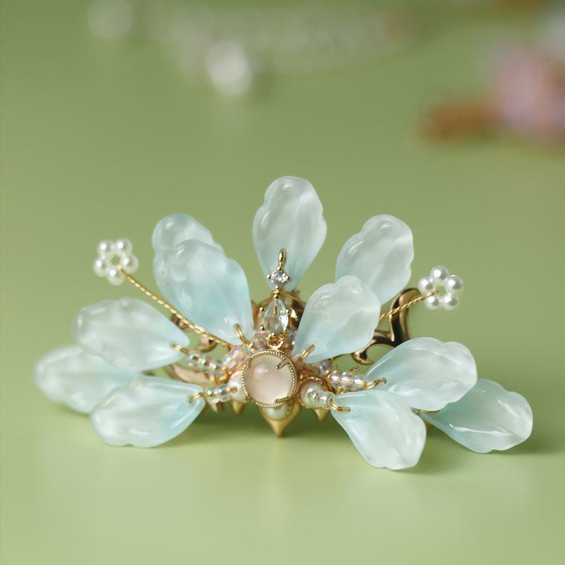 

Светло-голубая корона для волос с глазурованными лепестками и сохранением медного цвета, элегантные классические головные уборы ханьфу, династий Сун и Мин.