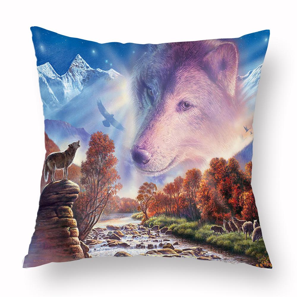 Animal Single Side Blue Cheap Covers for Cushions Vintage Wolf Polyester Decorative Pillows Sofa Case Chair Home Decor Fashion