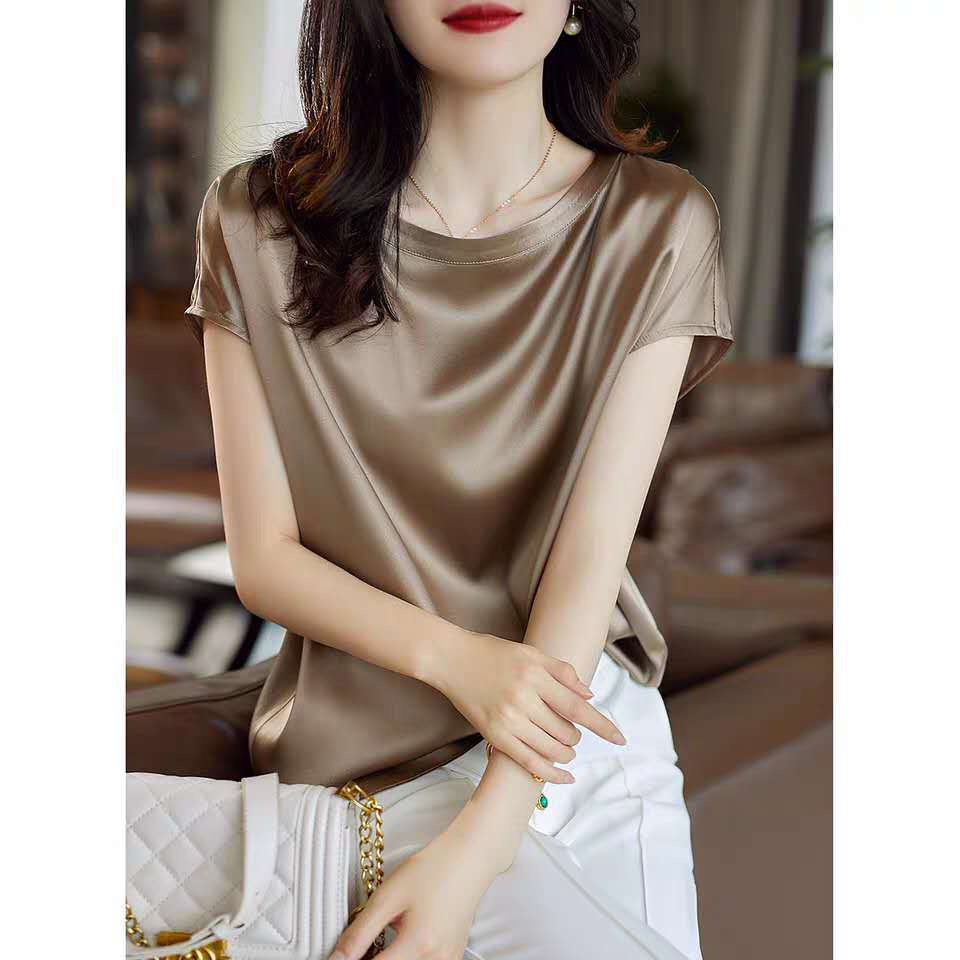 Women Summer Satin Silk Shirts Smooth & Shiny Short Sleeve T- Shirts Pullover Blouses Casual Loose Elegant Work Tops