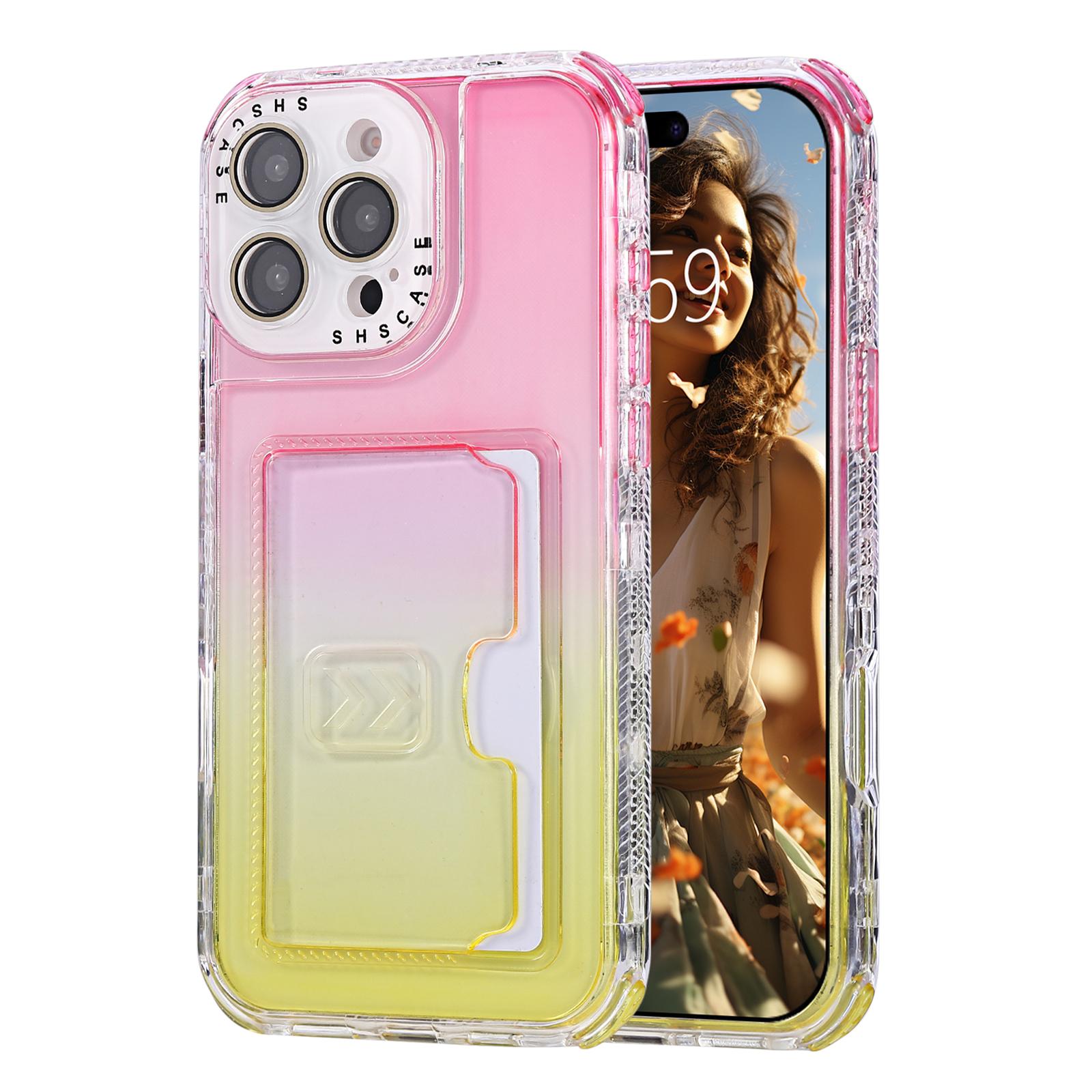 

For iPhone 16 Pro Max Case Card Holder Gradient Color PC+TPU Anti Drop Phone Back Cover with Lens Film Pink/Yellow
