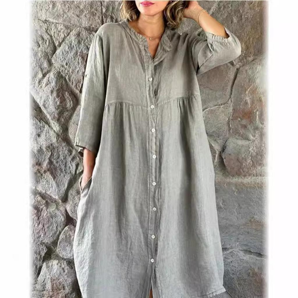 Summer Women's Casual Loose Linen Cotton Sleeveless Button Down Collar Long Maxi Dress, European American Style Ladies Fashion Dress