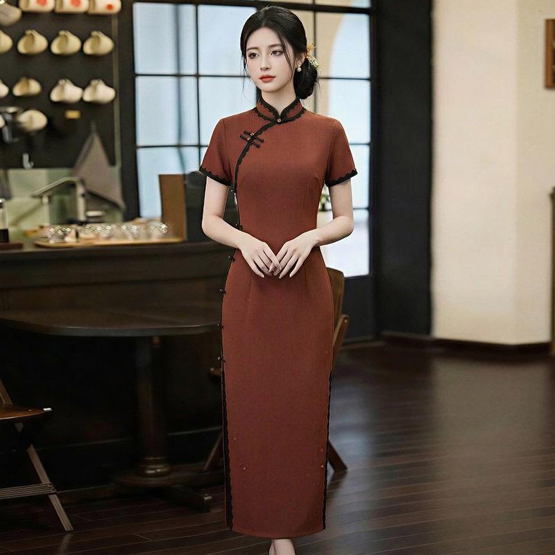 Long Vintage-Inspired Cheongsam Dress Women 2026 Modernized Daily Wear With Stand Collar Three-Quarter Sleeve