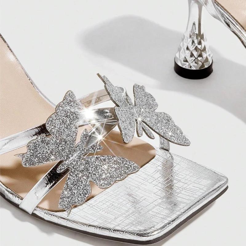 Fashion Luxury Bling Bow Decoration High Heeled Sandals Women Fashion Silver Square Toe Ankle Buckle Heels Elegant Wedding Bridal Shoes