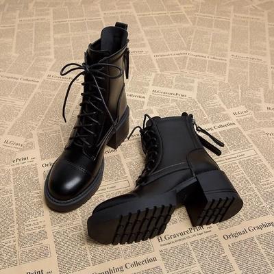 Hot Sale Women's Shoes Back Zip Women's Boots Fashion Front Lace-up Modern Boots Women New Round Toe Mid-Calf Boots Zapatos