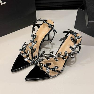 Modische goldene Lackleder-Blatt-High Heels für Damen im Sommer 2025, Einriemen-Sandalen mit dünnen Absätzen, spitzer Zehenpartie und offener Zehenpartie