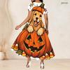 Women Plus Size Round Neck Short Sleeve Printed A Line Long Dress Halloween Raccoon Pumpkin Pattern