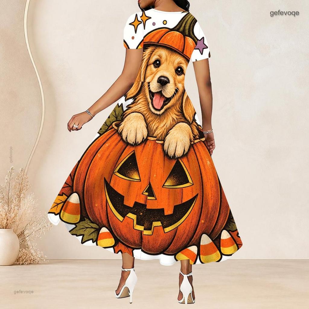 Women Plus Size Round Neck Short Sleeve Printed A Line Long Dress Halloween Raccoon Pumpkin Pattern