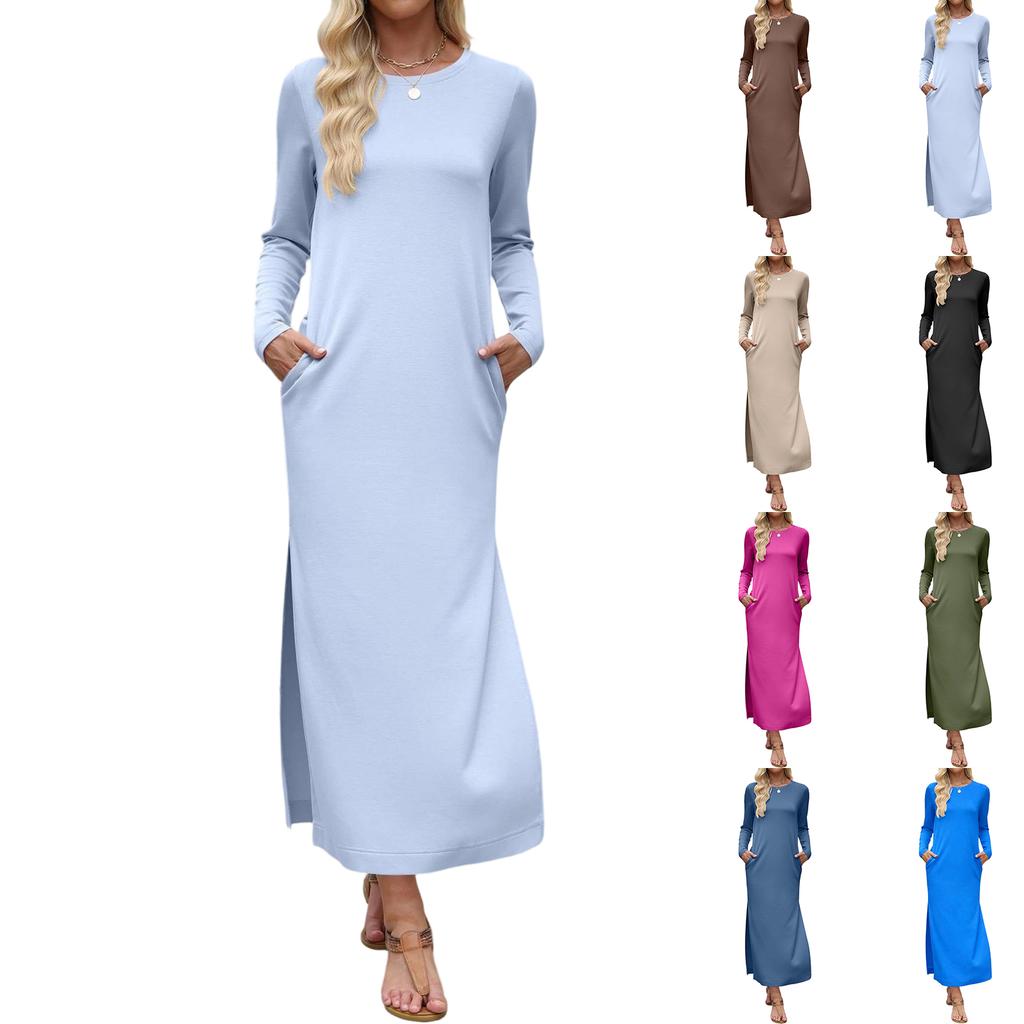 Women's Long Sleeve Solid Color Split Hem Maxi Dress with Double Pockets Straight Cut Casual Long Dress