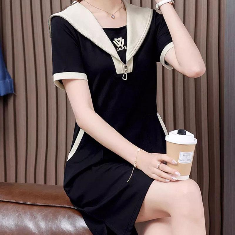 Summer Sailor Collar Midi Dress Zipper Short Sleeve Women's Clothing Casual Pockets Patchwork Basic Solid Color A-Line Dresses