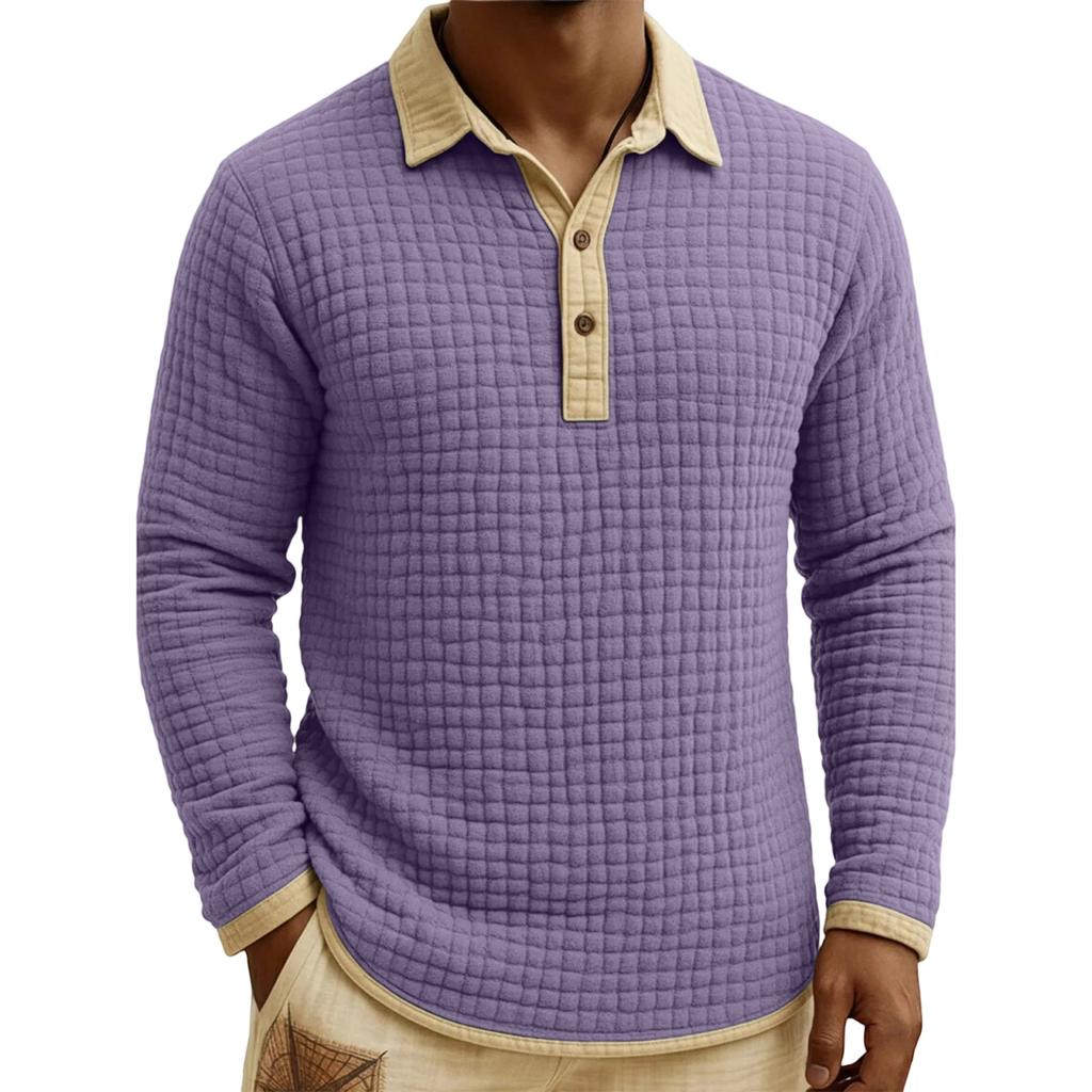 Men's Quilted Knit Color,blocked Pullover Button,down Top