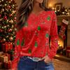Women's Christmas Tree Print Crewneck Long Sleeve Top with Split Hem for Holiday