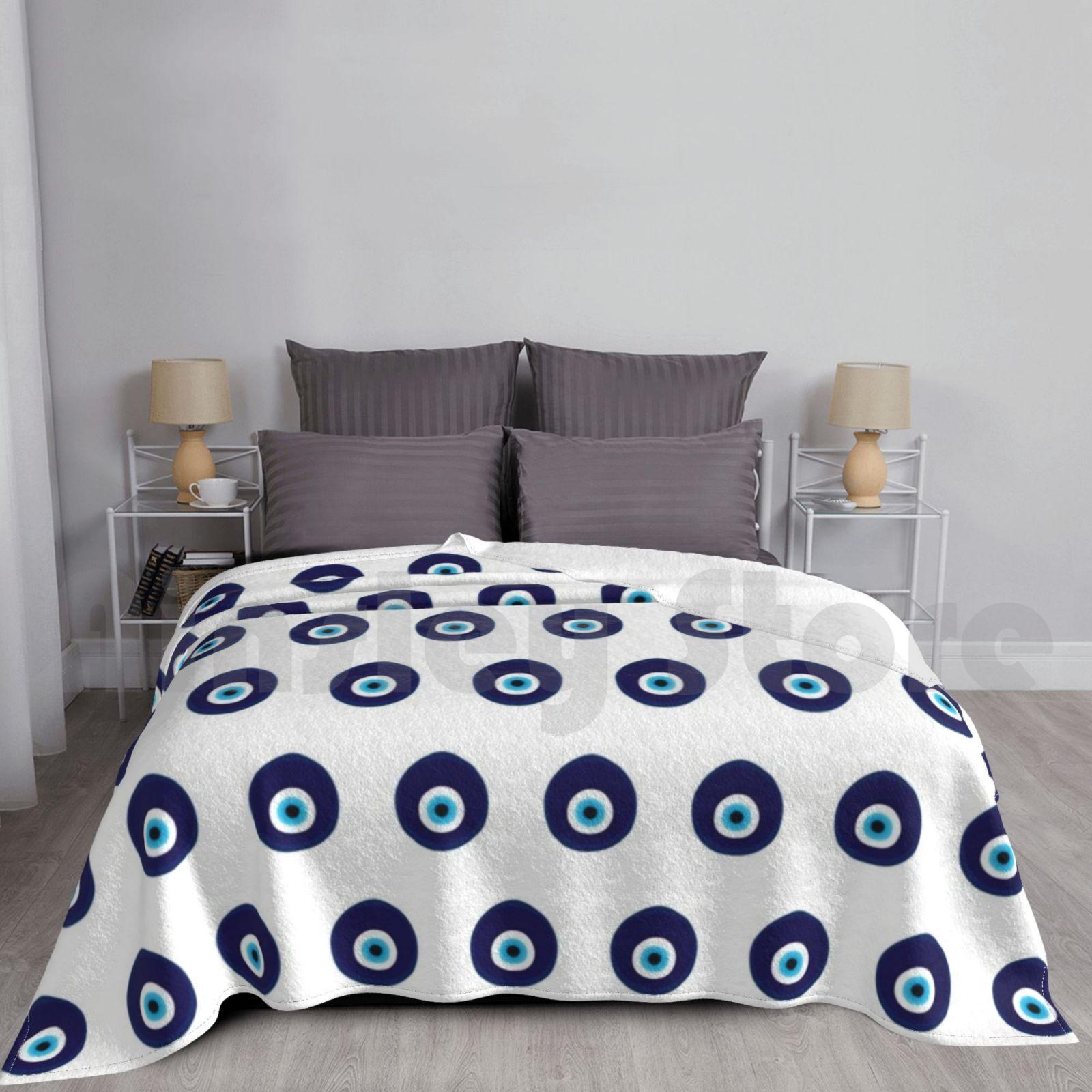 Turkish Blue Eye Bead Pattern Blanket For Sofa Bed Travel Turkish Eye Blue Nazar Amulet Mashala Turkey Turkic Size: 75*100cm, Weight: 230 GSM