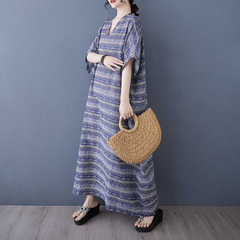 Summer Color Vacation Style Tourism V-neck Retro Long Skirt Cotton Linen Dress
