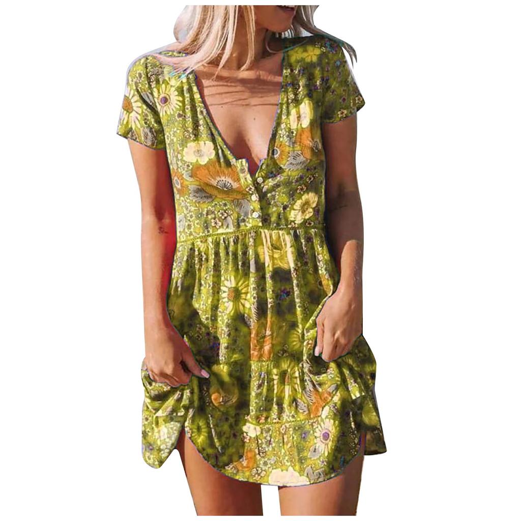 Dámská móda Ležérní šaty s volným výstřihem do V a krátkými knoflíky s potiskem