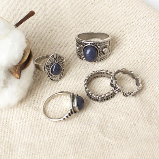 5Pcs/Set Bohemian Vintage Blue Stone Alloy Finger Ring Women Charming Jewelry