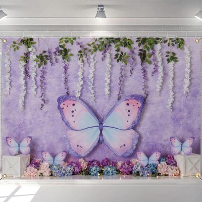 LS Bunte Lila Schmetterlinge Garten Kulisse Kinder Baby 1. Geburtstag Cake Smash Fotokulisse Floral Frühling Foto Requisiten Hintergrund