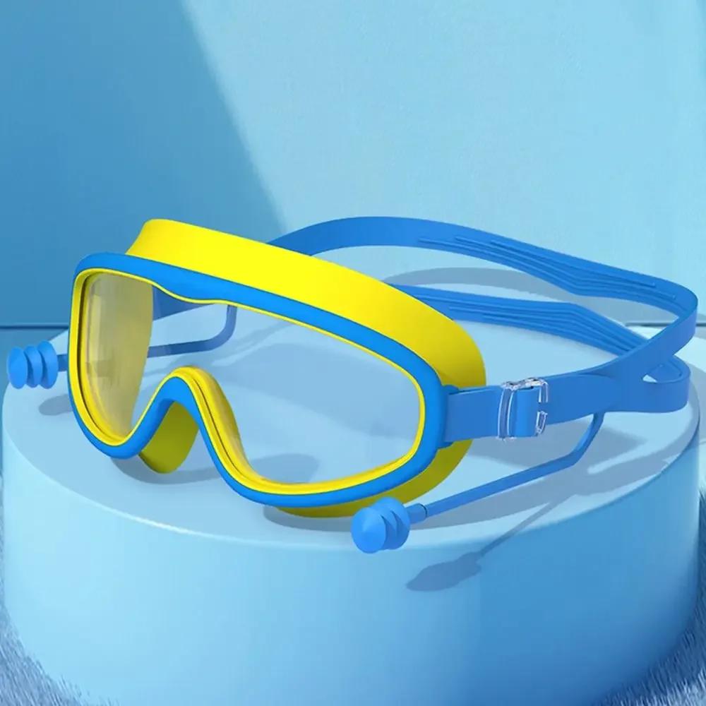 Children's High-definition Waterproof And Anti Fog Swimming Large Frame Glasses Convenient Goggles Silicone Connected Earplugs