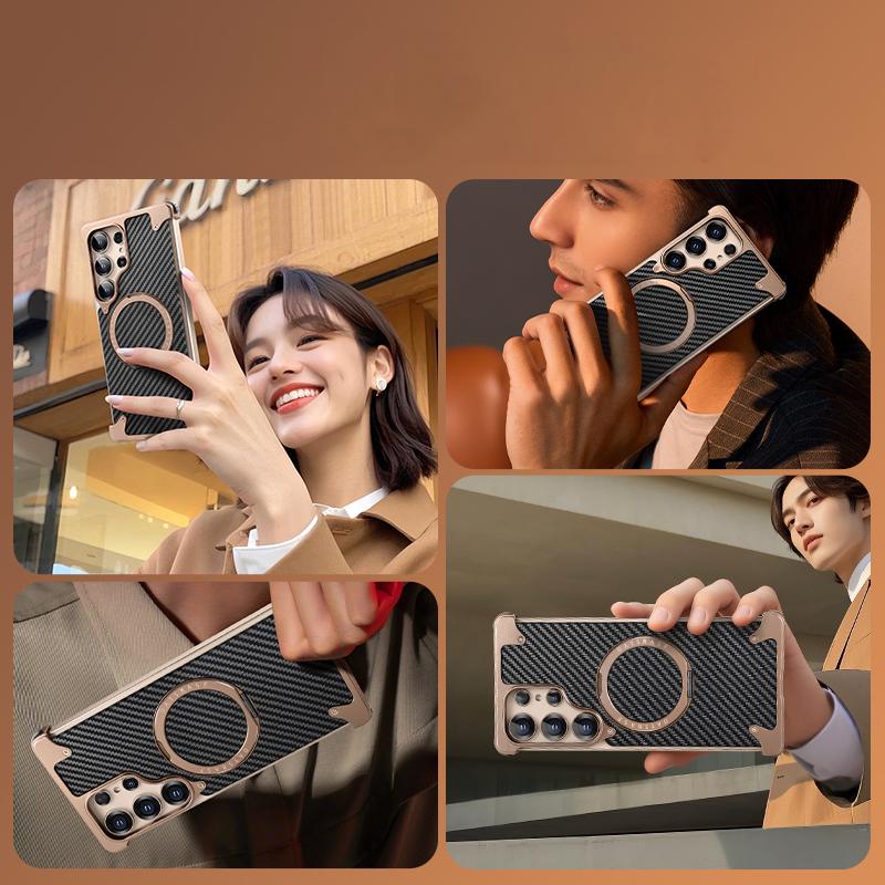 For Samsung Galaxy S25 Ultra Phone Cover Frameless Shockproof Carbon Fiber Aluminum Alloy Wireless Charge Magnetic Bracket Back Case