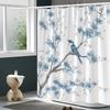 Whimsical Blue Bird and Branch Shower Curtain, Polyester, with Hooks, Machine Washable, Light Blue Flowers with Gold Accents