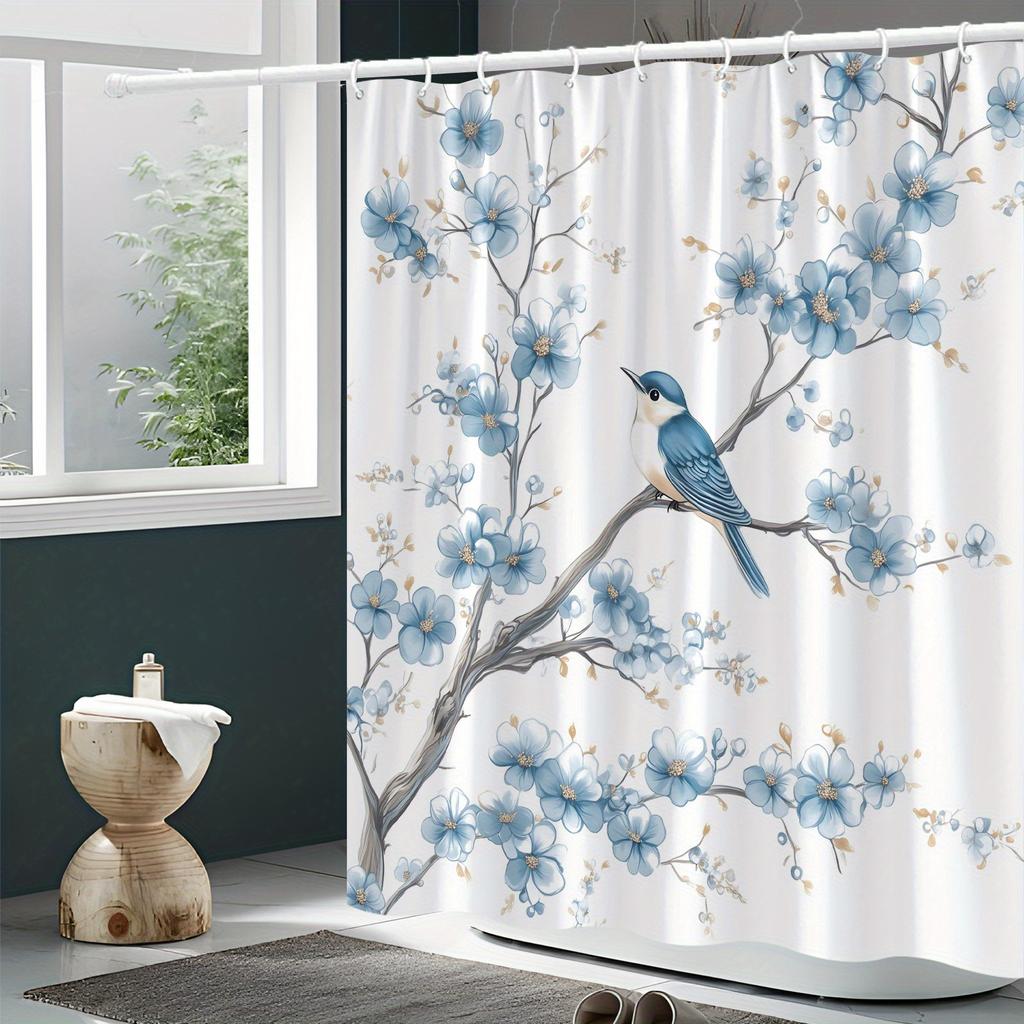 Whimsical Blue Bird and Branch Shower Curtain, Polyester, with Hooks, Machine Washable, Light Blue Flowers with Gold Accents