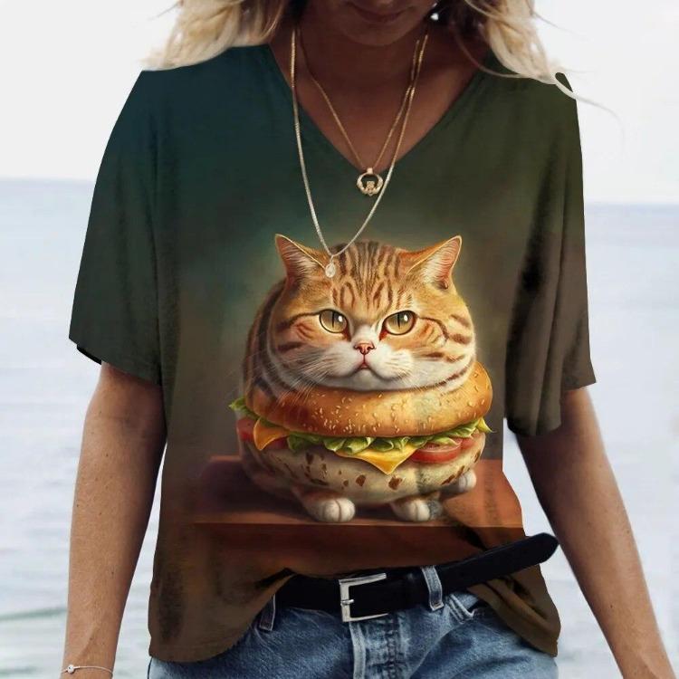 Women's Kawaii Cat Print 3D T Shirt Short Sleeve V Neck Tees Casual Holiday Top Female T Shirt