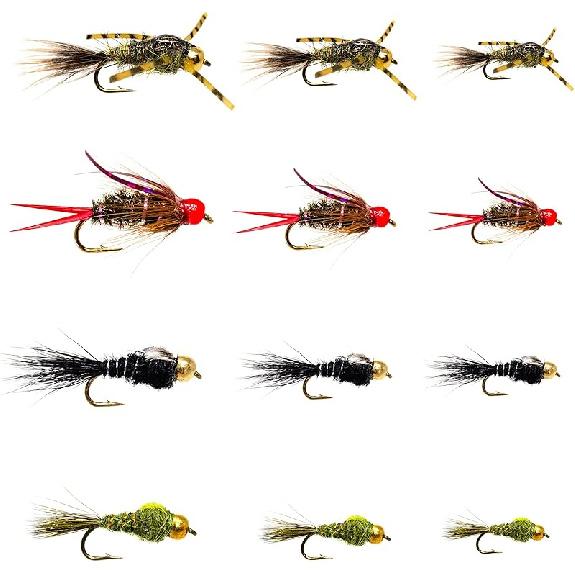 Outdoor Planet Premium Fly Fishing Flies Kit Fly Assortment Trout Bass Fishing | Dry Flies, Wet Flies, Nymphs, Hopper, Caddis, Worm | Trout, Bass, 12 Prince Nymph/Hare S Ea