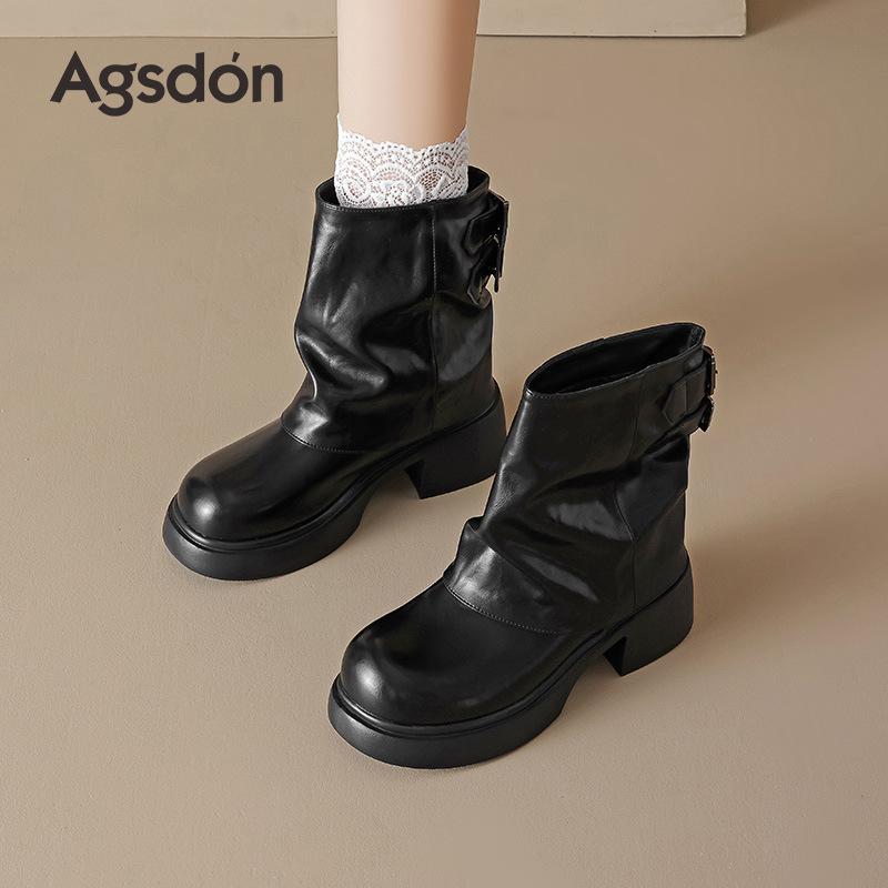 Augustine Black Martin Boots Women's 2025 New Autumn Medium Boots Martin Boots Thick-soled Western Cowboy Boots