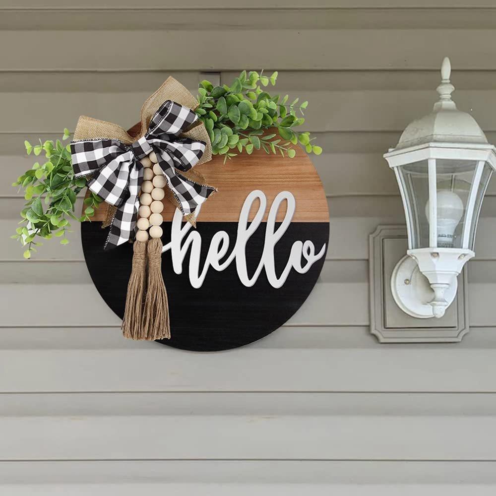 Front Door Welcome Sign, round Hello Wood Sign Hanging Welcome Sign Farmhouse Porch Spring Wreath Welcome Sign Front Door Decor, Fringe Wood Beads