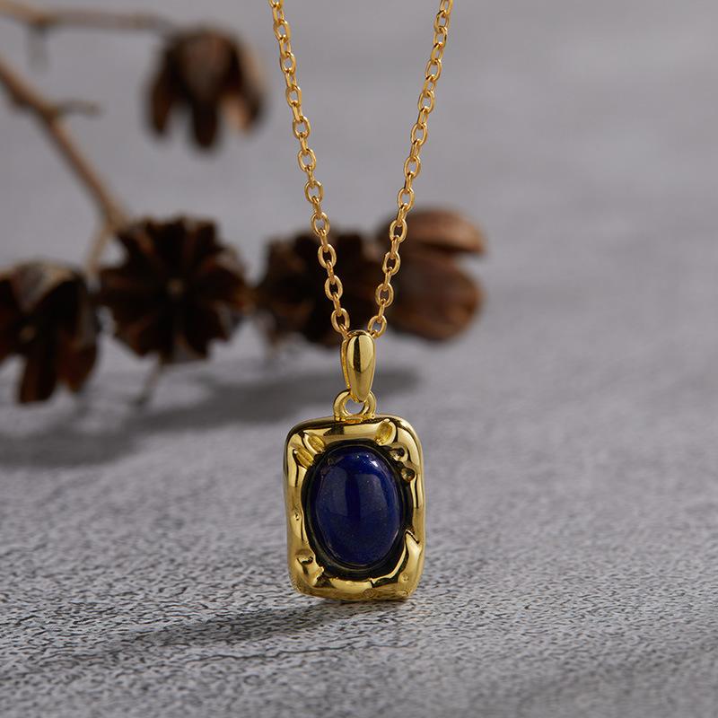 S925 Sterling Silver Natural Malachite Blue Gold Tiger'S Eye Stone White Fritillary Colored Treasure Necklace Women'S French Retro Fashion