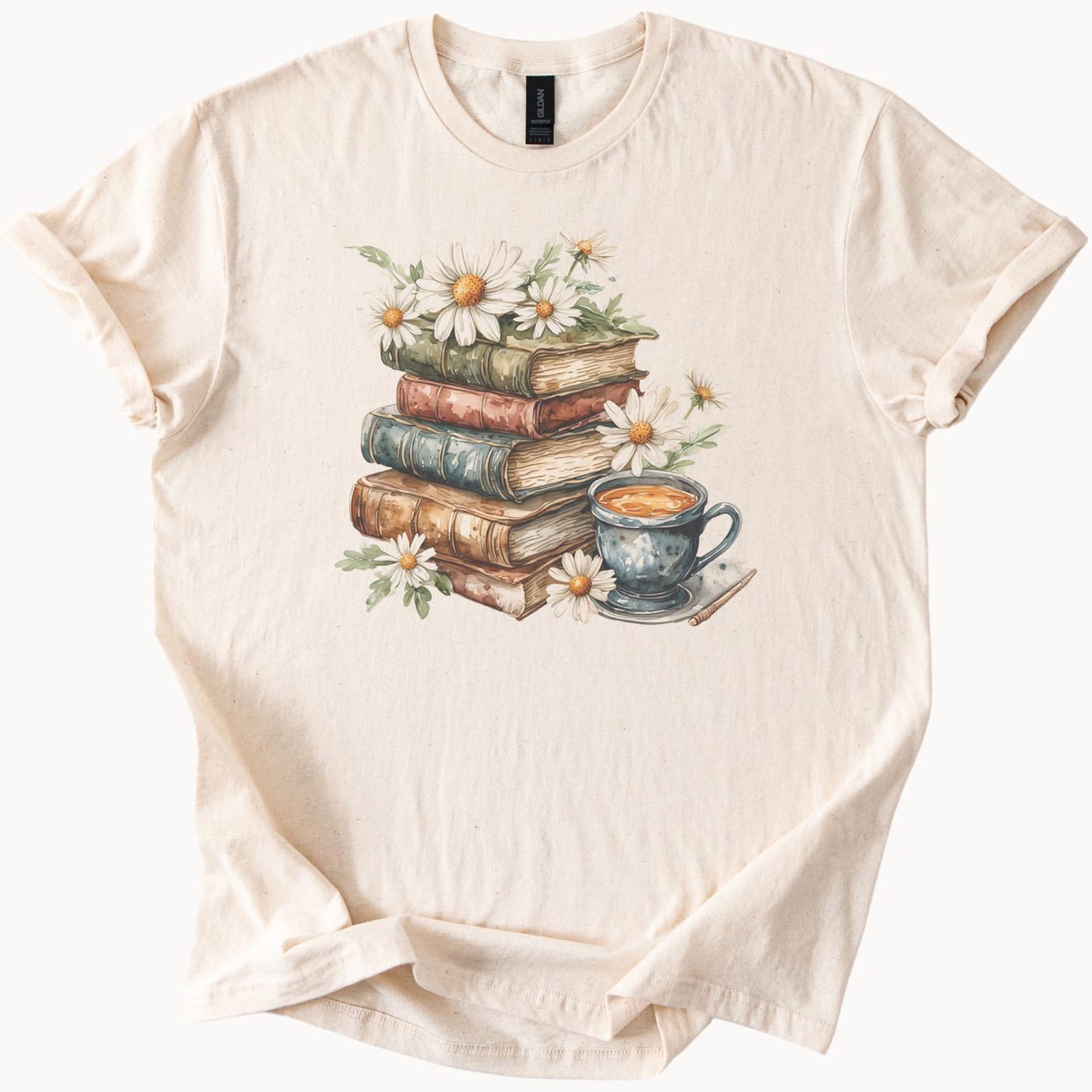 Book Lover Graphic Tee Stack of Old Books Daisies and Coffee Cup Reading Shirt Literary Floral Aesthetic Bookworm Gift T Shirt 140