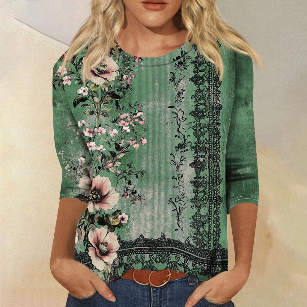 Women's Casual Round Neck Three Quarter Sleeve Floral Print Top Lightweight Soft Fabric Comfortable Fit