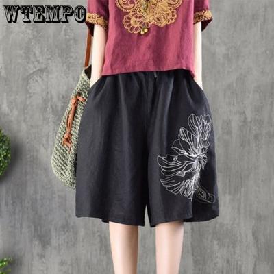 Vintage Embroidered Plus Size Five-quarter Pants All-match Women's Cotton and Linen Wide-leg Shorts