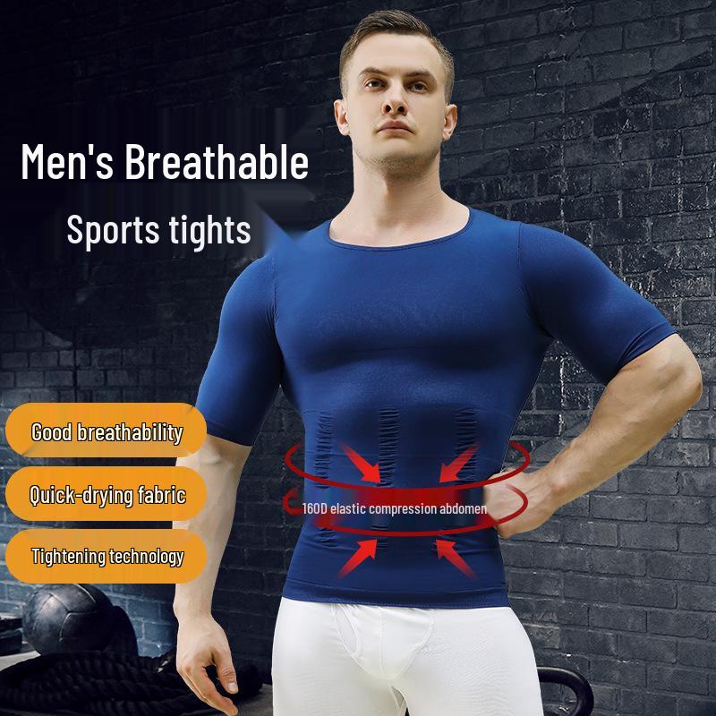 Pánský 140D nylonový tvarující korzet: Stahovací top na břicho, s krátkým rukávem, bezešvý styl 001Y