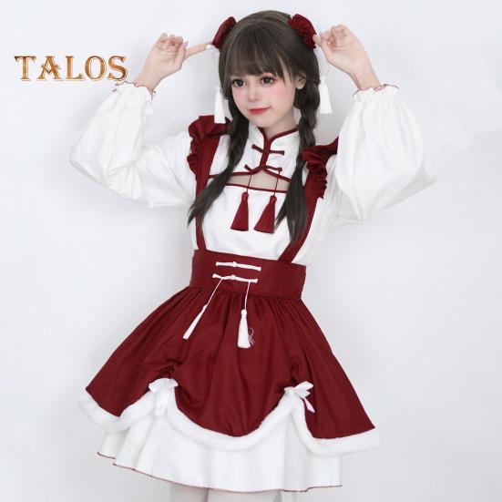Cosplay Dress Lolita Maid Style Role Play Dress Hollow Out Shirring Contrast Color Tassel Bow Decor Pleated A-line Mini Dress New Year Party Costume