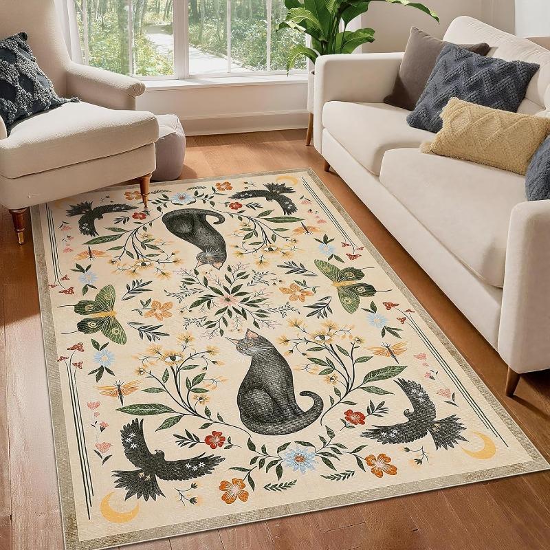 Boho kočka a ptáci Vzorový koberec do obývacího pokoje Etnický styl Zvířecí květinový koberec Měkká protiskluzová podložka Moderní bytový dekor