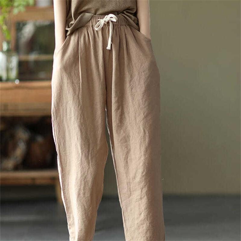 Harajuku Summer High Waist Elastic Women's Cotton Linen Wide Leg Capris Pants for Women Baggy Harem Pants Woman Trousers